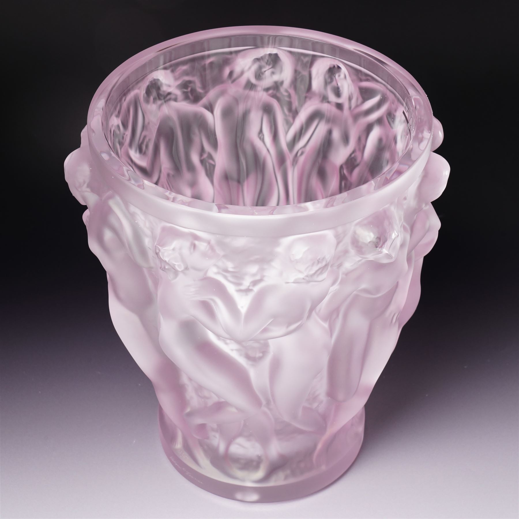 Lalique Bacchantes pattern frosted and clear pink glass vase signed 'Lalique France' H25cm in original pink Lalique box with guarantee etc