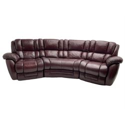 La-Z-boy - large three seat curved sofa, fitted with with end recliners, upholstered in maroon leather