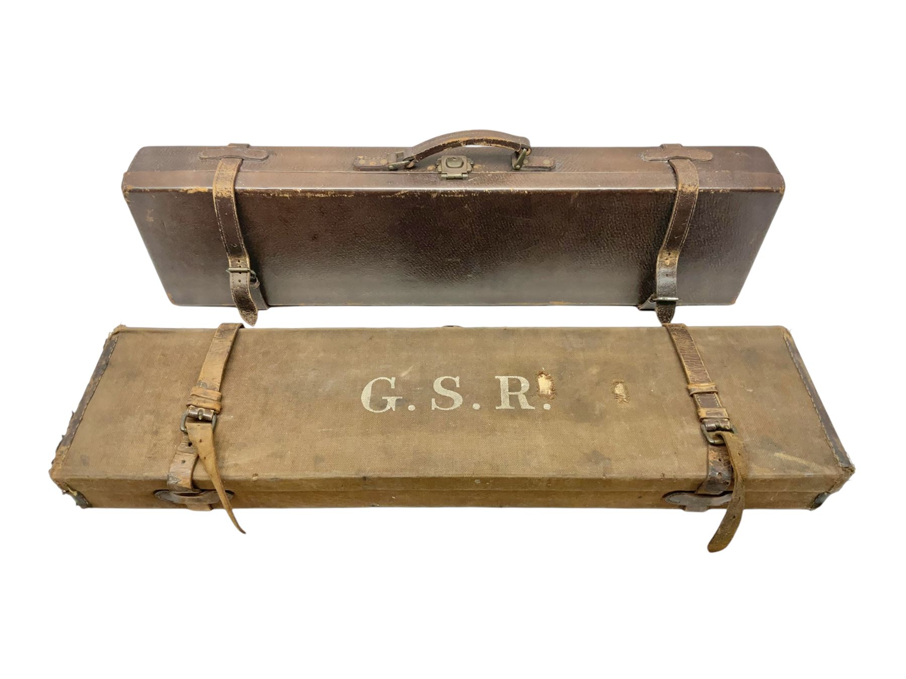 Leather fitted shotgun case L81cm, and a canvas fitted shotgun case with Hooton & Jones label, L83cm (2)