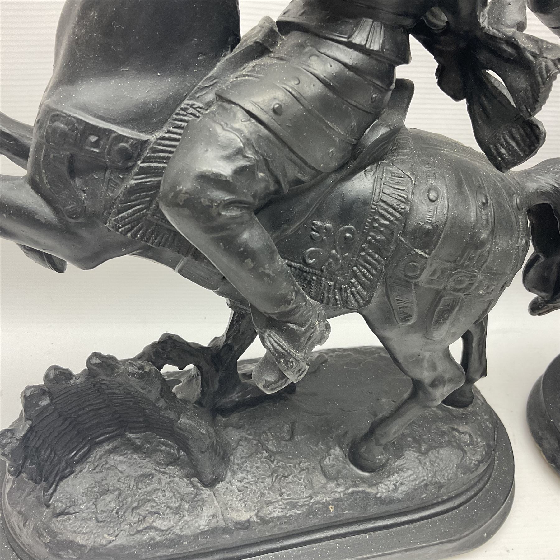 Pair of spelter warriors on horseback, H40cm