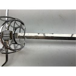 Replica knight's longsword, the 91.5cm double-edged steel blade with basket hilt and wire-bound bone grip with spherical pommel, in leather scabbard L112cm overall