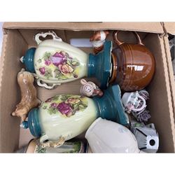 Approx. nine boxes of predominantly Victorian and later ceramics to include 19th century R & D teawares, Japanese style tea and dinner wares, marked Diane, Japan, animal figures, vases, Staffordshire style dogs, Meakin, breweriana etc