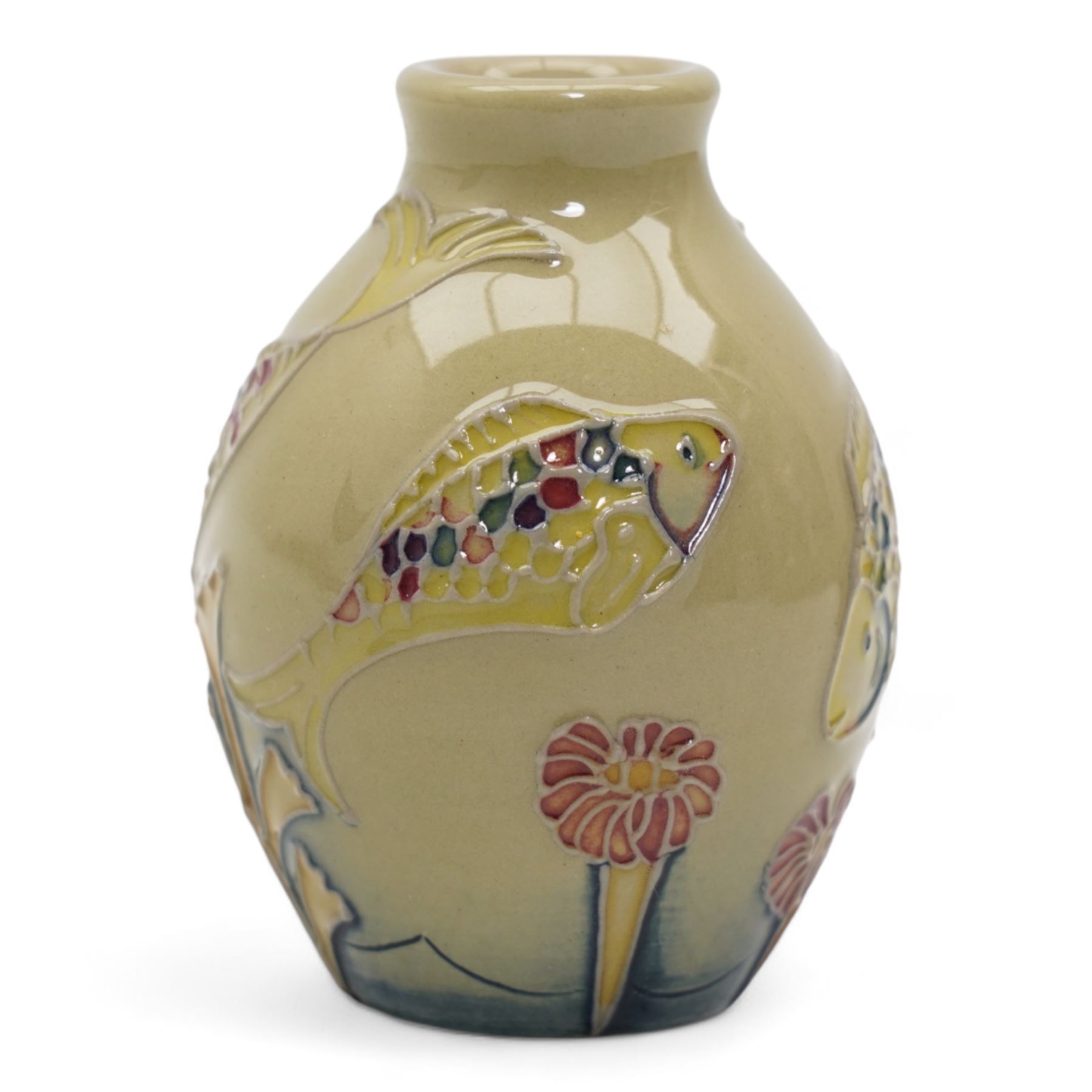 Seven Moorcroft miniature vases, various patterns including snowdrops, beetles, insects, cat fish etc, H6cm max (7)