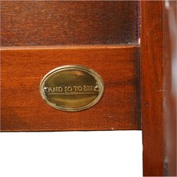And So To Bed - cherrywood 6' super king 'Nathalie' bed, the panelled headboard and footboard with cylindrical rolled rails, decorative brass mounts to the corners, on square supports with cream and black edged fabric covered base panels 