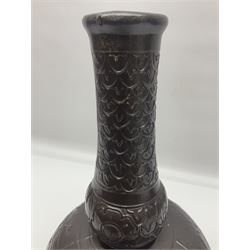Burmantoft vase with slender neck, tubeline decoration on a brown ground, with impressed mark beneath, H38cm
