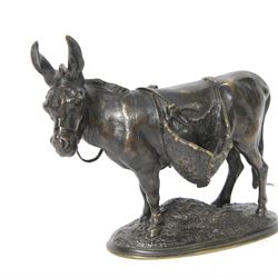 After Auguste Nicolas Cain (French 1821-1894): 'Ane D'Afrique', bronze figure of an African Wild Donkey carrying panniers, upon naturalistically modelled oval base, signed, H14.5cm