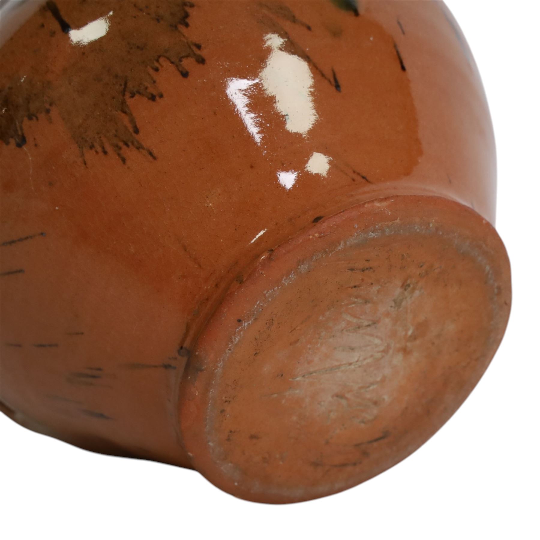 David Garland (b.1941) jug, dark brown glaze with splashes of green and black, signed beneath, H16cm