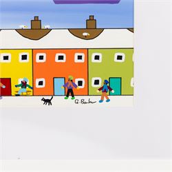 Gordon Barker (British 1960-): 'Seaside Celebrations in the Snow', acrylic and pen signed, titled verso 29cm x 39cm