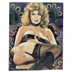 David Kettley (British Contemporary): Erotica Portrait of a 1980s Dominatrix in a Psychedelic Background, oil on canvas signed 76cm x 60cm (unframed)