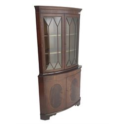 Georgian design mahogany corner cabinet, dentil cornice over pair astragal glazed doors enclosing two shelves, base fitted with two inlaid cupboard doors enclosing single shelf
