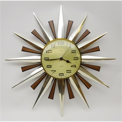 1960s/ 70s Metamec Quartz Sunburst wall clock, Arabic numerals with chromed and faux rosewood mounts, D60cm   