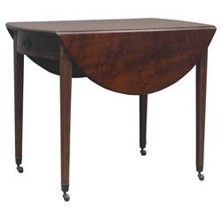  Late 18th mahogany Sheraton style Pembroke table, oval drop leaf top, single drawer to end, false drawer to reverse, square tapering supports with brass castors, inlaid with satinwood and boxwood stringing, H71cm, 92cm x 56cm  
