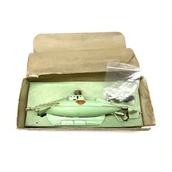 Sutcliffe Models ‘Nautilus’ tinplate and clockwork submarine from Walt Disney’s ’20,000 Leagues Under The Sea’ by Jules Verne, sea green body with various decals, rubber bung with periscope, boxed with inner cardboard display piece, produced between 1955-1960
