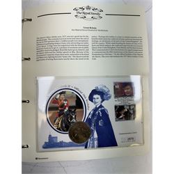 Commemorative coin and stamps covers, including Australia 'Queen's Birthday 1996' containing one dollar coin, Canada 'Her Majesty Queen Elizabeth II 70th Birthday' containing five dollars coin, various commemorative crown coin stamp covers etc, housed in 'The Royal Family' ring binder folder