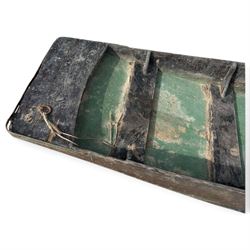 Large early 20th century plank-built wooden river punt, the long tapering hull with enclosed fore and aft decks, open green-painted ribbed interior, together with two paddles