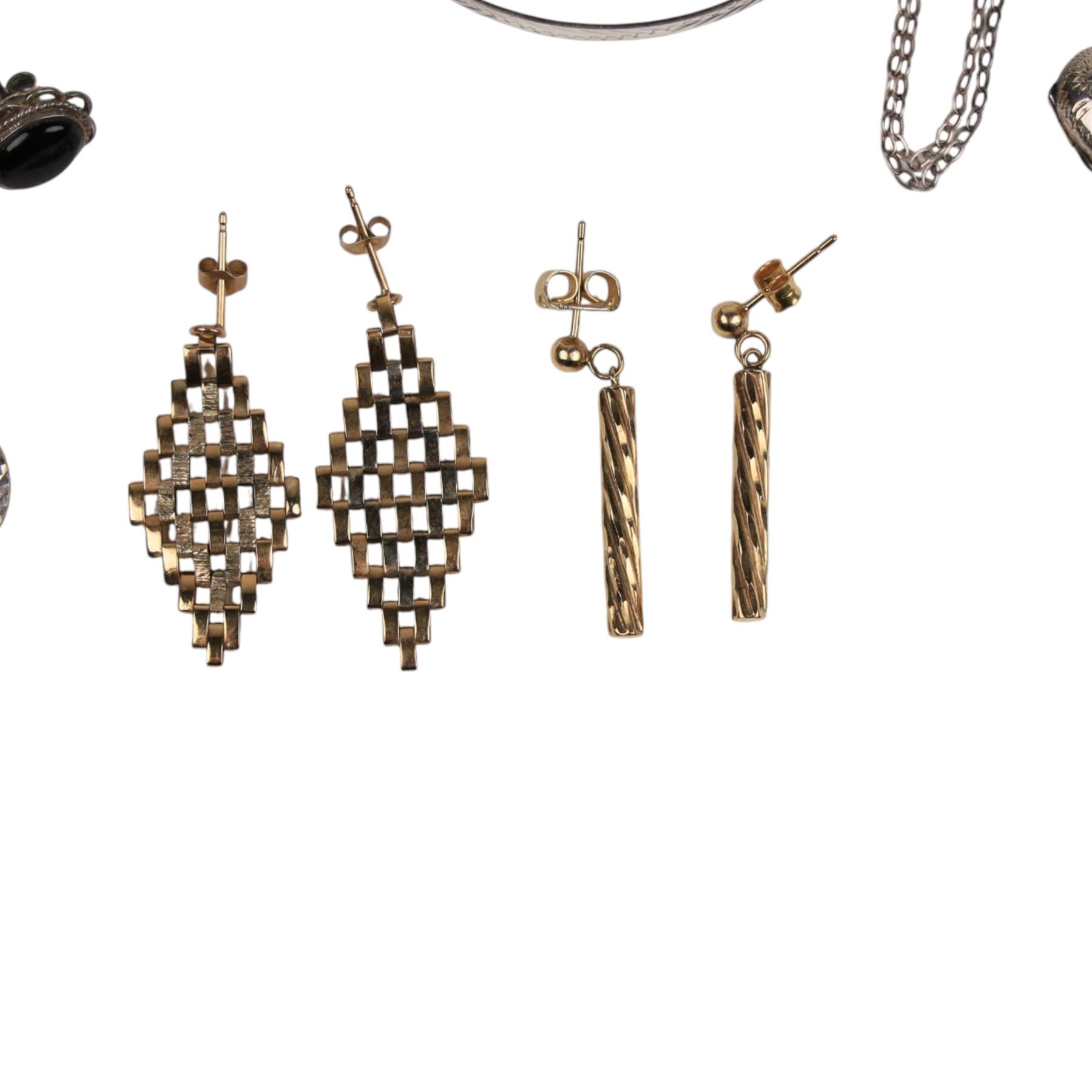 Two pairs of 9ct gold earrings and silver jewellery including jet brooch and earrings, heart pendant, St Christopher's and a bangle