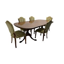 Regency design walnut twin pedestal extending dining table, rectangular burr top with rounded corners and crossbanding, raised on turned vasiform columns with tripod base, with additional leaf (D107cm W184cm/230cm, H76cm); and set eight (6+2) shield back dining chairs, upholstered in striped laurel green fabric, raised on tapering supports with spade feet, retailed by Geoffrey Benson