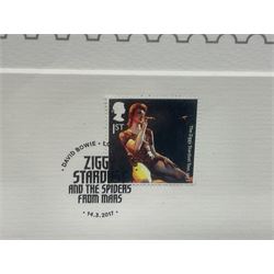 Set of four Royal Mail David Bowie limited edition album stamp prints, comprising Heroes, Ziggy Stardust Tour, Hunky Dory and Let's Dance, all framed and in original packaging, H43cm W43cm