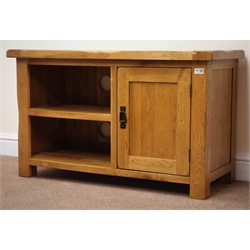  Rustic oak television cabinet, single cupboard flanked by single shelf, stile supports, W100cm, H60cm, D43cm  