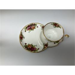 Royal Albert Old Country Roses pattern tea set, comprising teapot, coffee pot, six teacups and six saucers, five side plates, further teacup with joined saucer and side plate, open sucrier, milk jug, cake plate, and preserve pot and cover, together with Royal Albert Jubilee Rose pattern sauce boat and stand, and Royal Albert Lavender Rose pattern cake stand. 