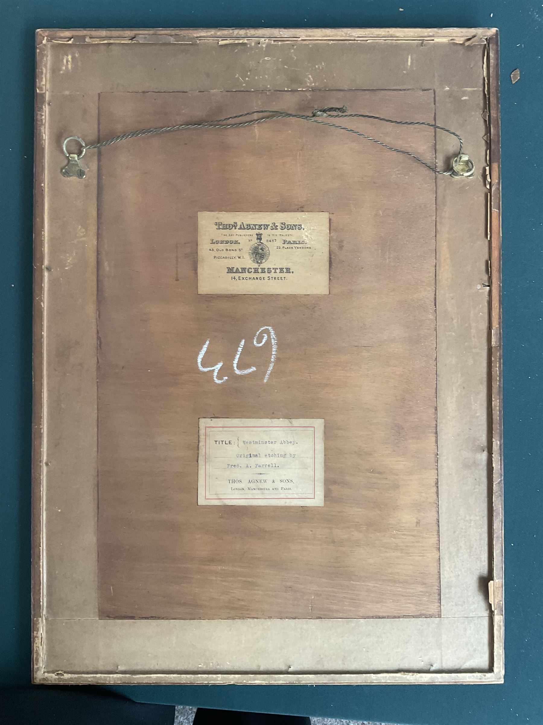 Frederick Arthur Farrell (British 1882-1935): 'Westminster Abbey' Interior, etching signed and blind stamped, with Thomas Agnew & Son labels verso 30cm x 19cm