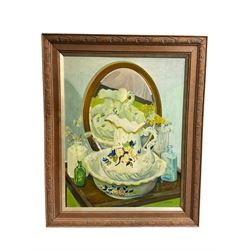 WB Cook (British 20th century): Wash Jug and Basin, oil on panel signed and dated 1984, 67cm x 52cm