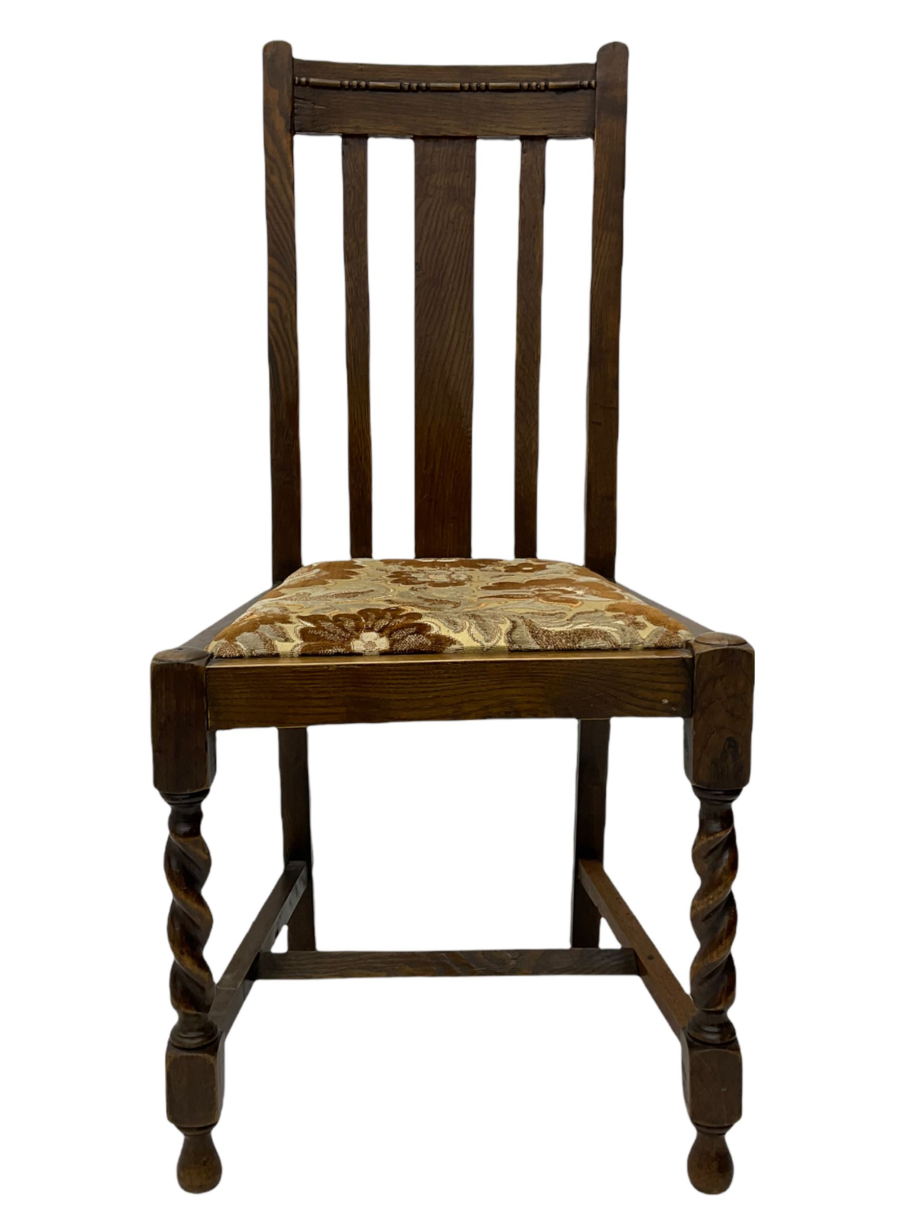 Early 20th century oak barley twist drop leaf dining table (105cm x 154cm, H74cm), and four chairs 