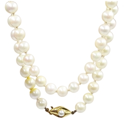  Single strand pearl necklace with 9ct gold pear set clasp, stamped 375 and a similar necklace  
