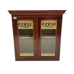Victorian mahogany display cabinet, two glazed doors decorated with later Civic Pipe lettering