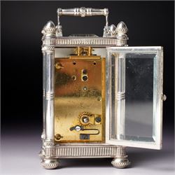 Chas Frodsham, London - Miniature carriage clock with white dial in engraved silver case on compressed bun feet, London assay H10cm 