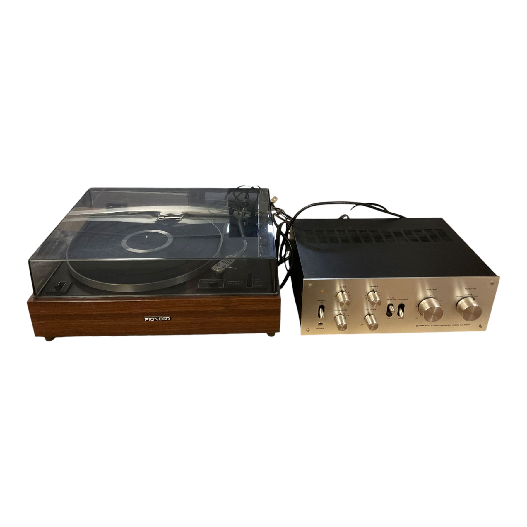 Pioneer PL-12D turntable, Pioneer SA-5300 stereo amplifier, and pair of Wharfedale Linton speakers 