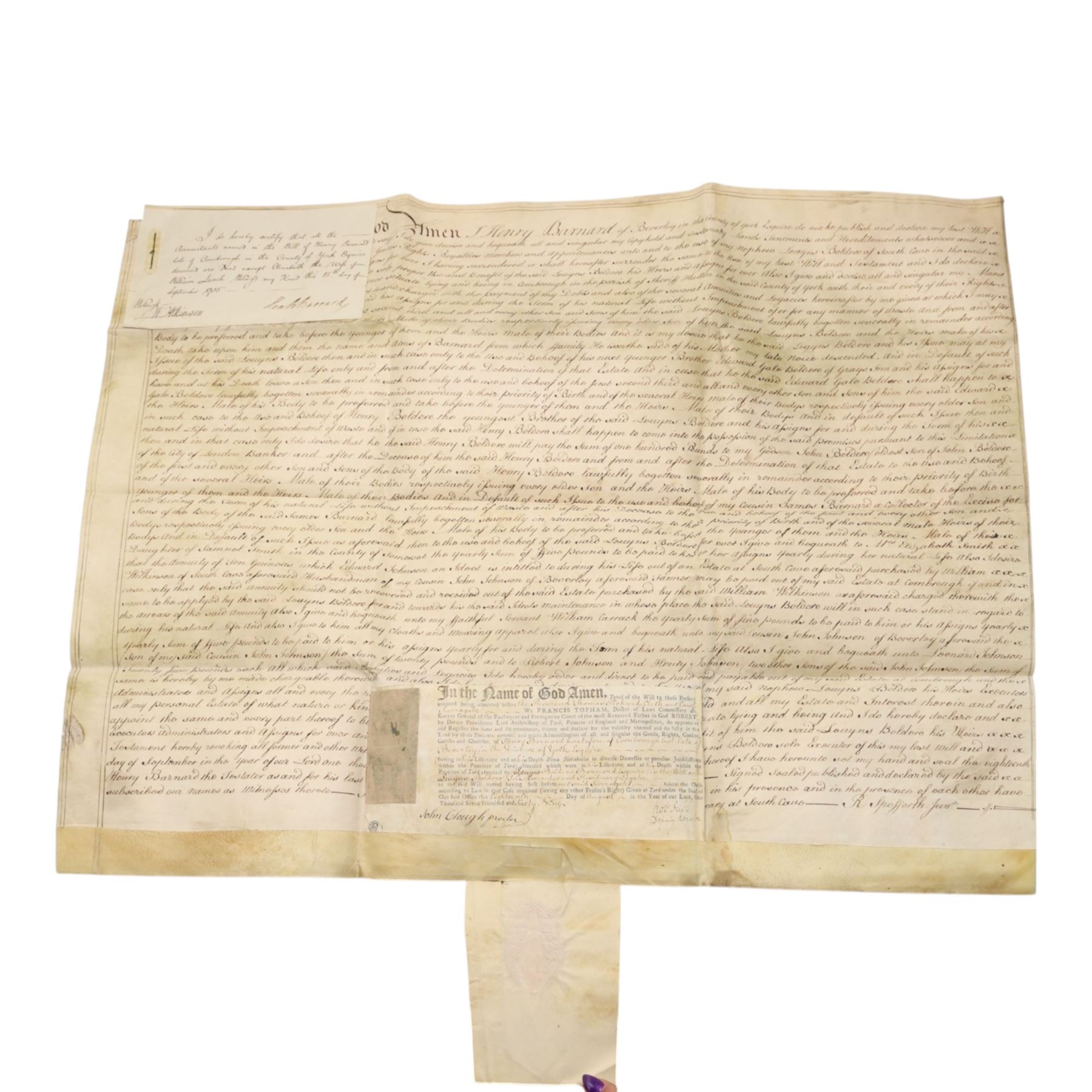 Boldero/Barnard family and Cave Castle estate interest - collection of 18th century vellum indentures and legal documents relating to the Boldero and Barnard families, including York city property in St Helen’s, Stonegate and Swinegate, the manor of Cornbrough in the parish of Sheriff Hutton, and later Henry Boldero Barnard of Cave Castle estate papers, with parties including Robert Fairfax, Jonathan Barnard, John Kilvington and John Lund, dated 1716-1786, with wax seals (approx. 15)