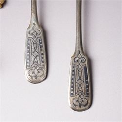Five Russian 84 standard silver teaspoons with niello work stems and bowls marked 1876, five silver coffee spoons with swans head handles Birmingham 1910, Dutch Gero 90 standard preserve spoon and an early 19th century silver mustard spoon