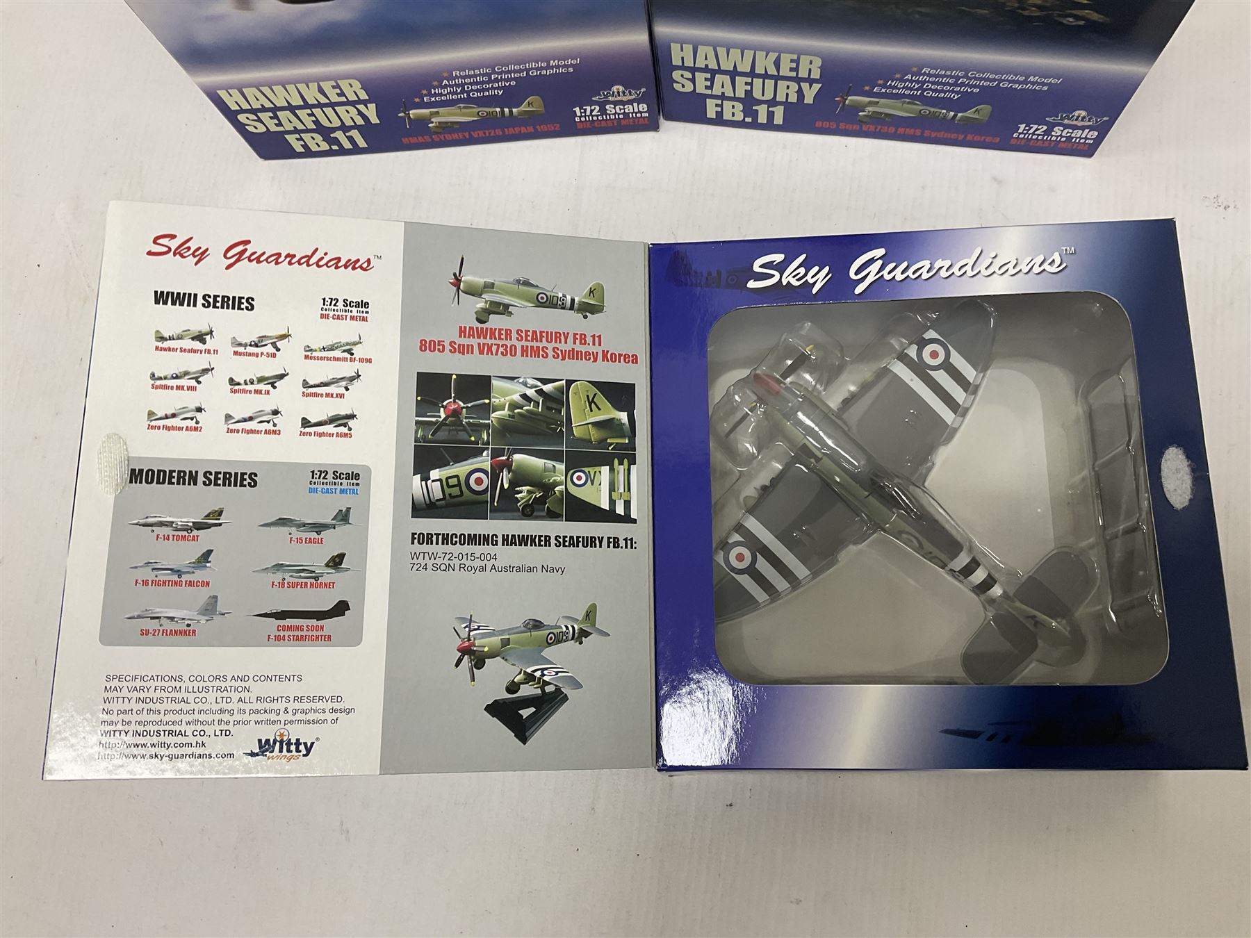 Four 1:72 scale model airplanes comprising Skyguardians ‘Hawker Seafury’ models RAF WH589, two 805 Sqn VX730 HMS Sydney Korea and HMAS Sydney VX726 Japan 1952; all in original boxes (4)
