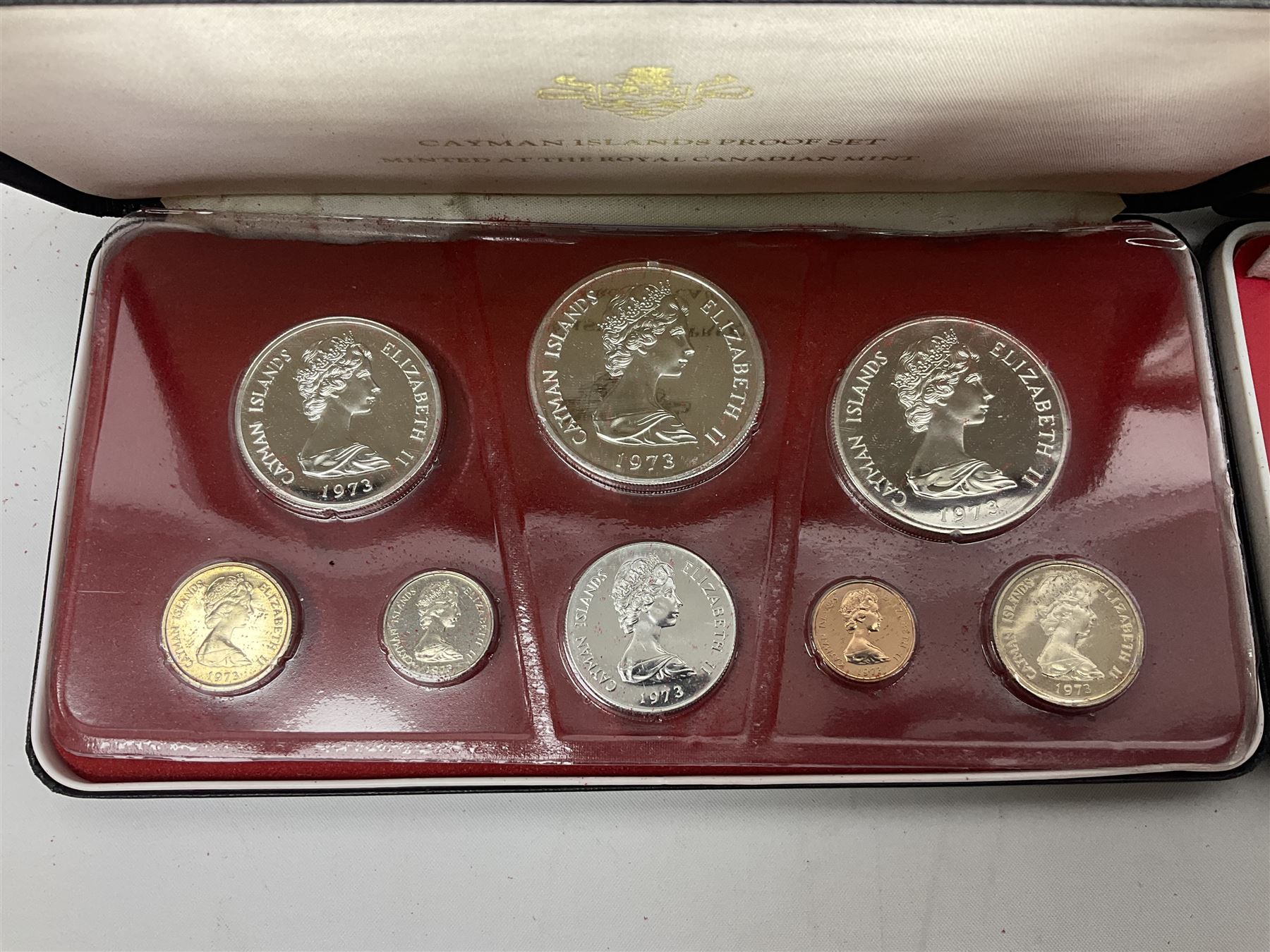 First National Coinage of Barbados 1973 proof eight coin set, from ten dollars to one cent, the ten dollar coin minted in sterling silver, the five dollar coin minted in 800 silver, and a Barbados 1974 proof eight coin set, both minted at The Franklin Mint, cased with certificates; two Republic of Malta decimal proof coin sets, dated 1978 and 1979, the 1979 one pound coin minted in sterling silver, both minted at The Franklin Mint, cased with certificates; Cayman Islands 1973 proof eight coin set, minted at the Royal Canadian Mint, cased; and a Cayman Islands 1979 proof eight coin set, the five dollar to fifty cents coins each minted in sterling silver, minted at the Franklin Mint, cased with certificate (6)