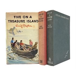 Enid Blyton; three copies of The First Adventure of the Famous Five; Five on Treasure Island, comprising 1963 edition, 1949 edition and 1963 edition  