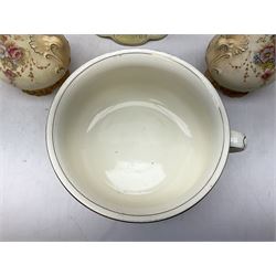Fieldings Crown Devon Windsor pattern wash jug and bowl, together with two blush ivory ewers and other Victorian ceramics to include twin handled vase of flattened form and jug, tallest H36cm