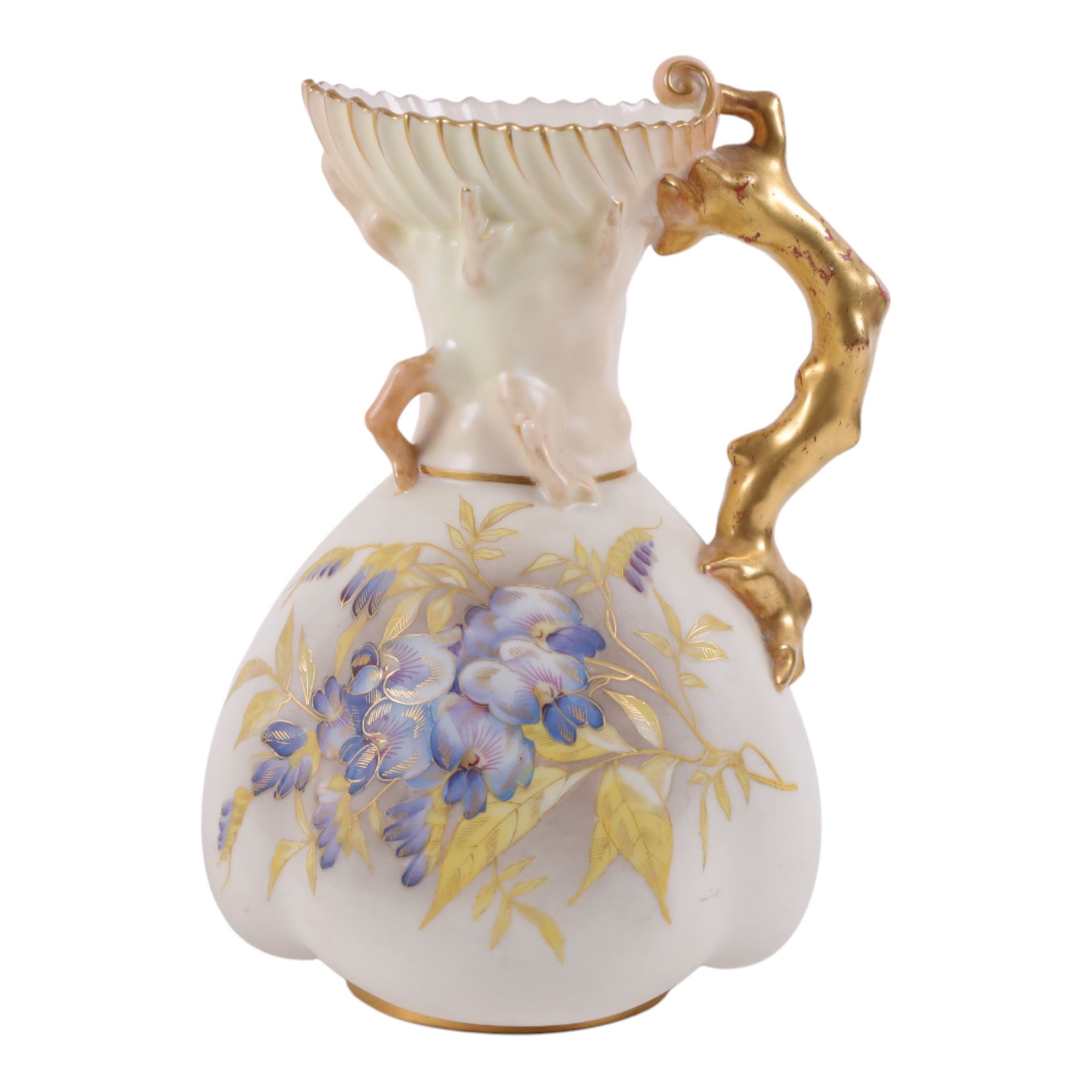 Royal Worcester, large blush ivory ewer decorated with floral sprigs, shape 1227, together with quatrelobe coral jug, decorated with wisteria shape 1507, H30cm