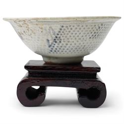 Chinese Early Ming Dynasty blue and white glazed bowl decorated with spotted pattern and central flower, c.1368AD-1644AD, D11cm; together with a small saucer with internal painted cockerel, D7cm (2)