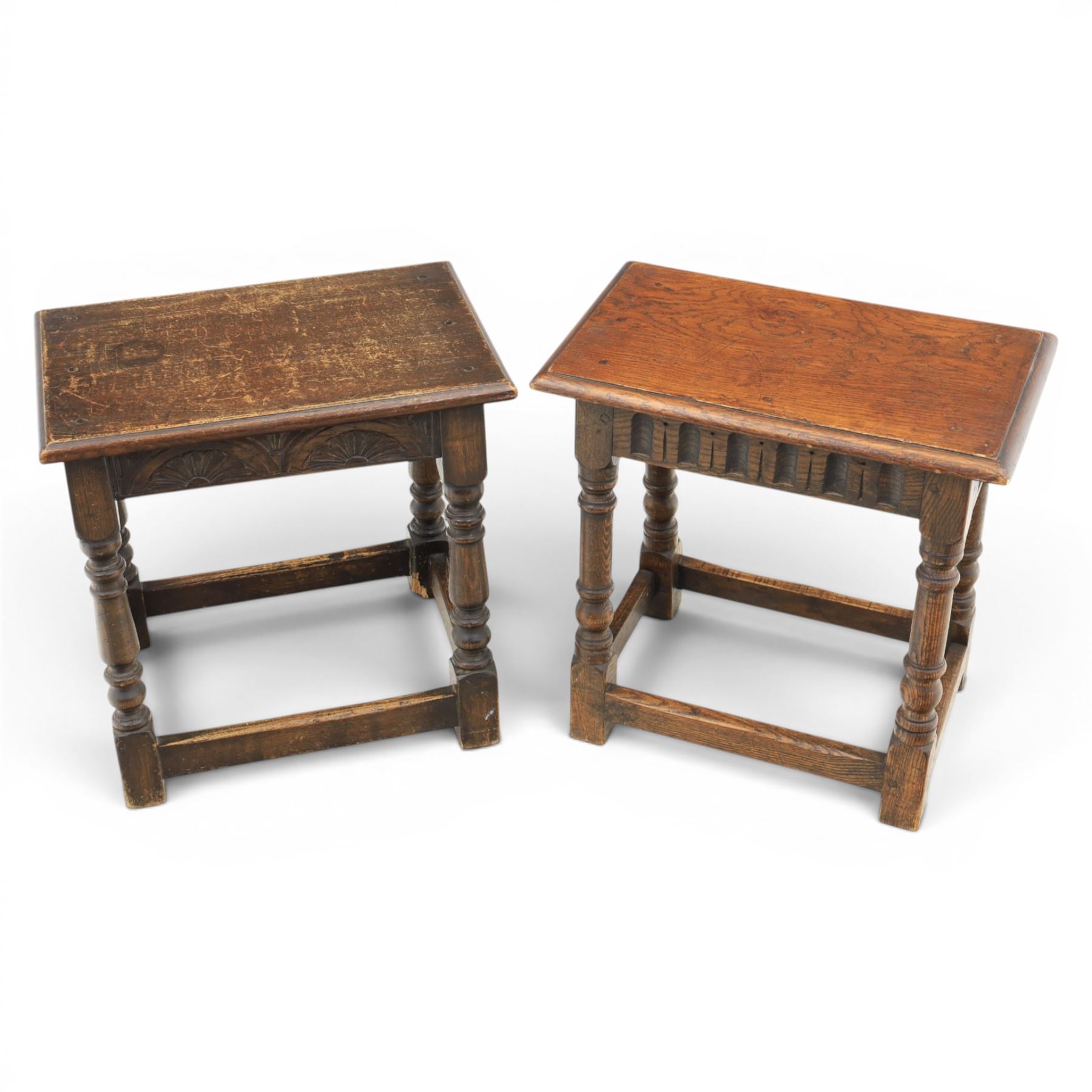 Two 19th century oak joint stools with carved frieze and turned supports