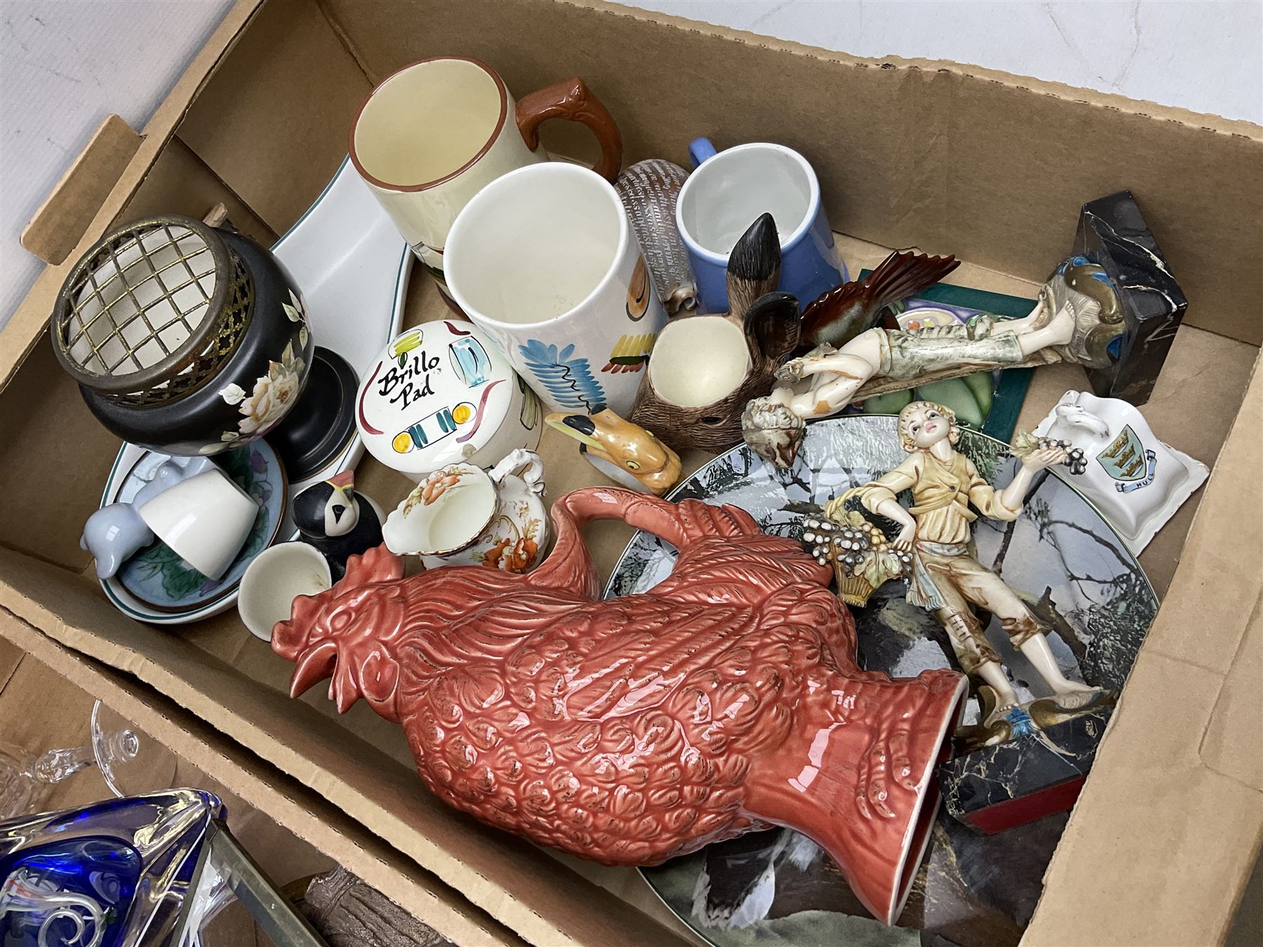 Five Goebel Hummel figures including Trumpet Boy, Max and Moritz and Soloist, Doulton Lambeth miniature tankard, Caithness Paisley Twist paperweight, Duchess Winchester tea and dinner wares and a collection of other ceramics and glassware, etc, in five boxes