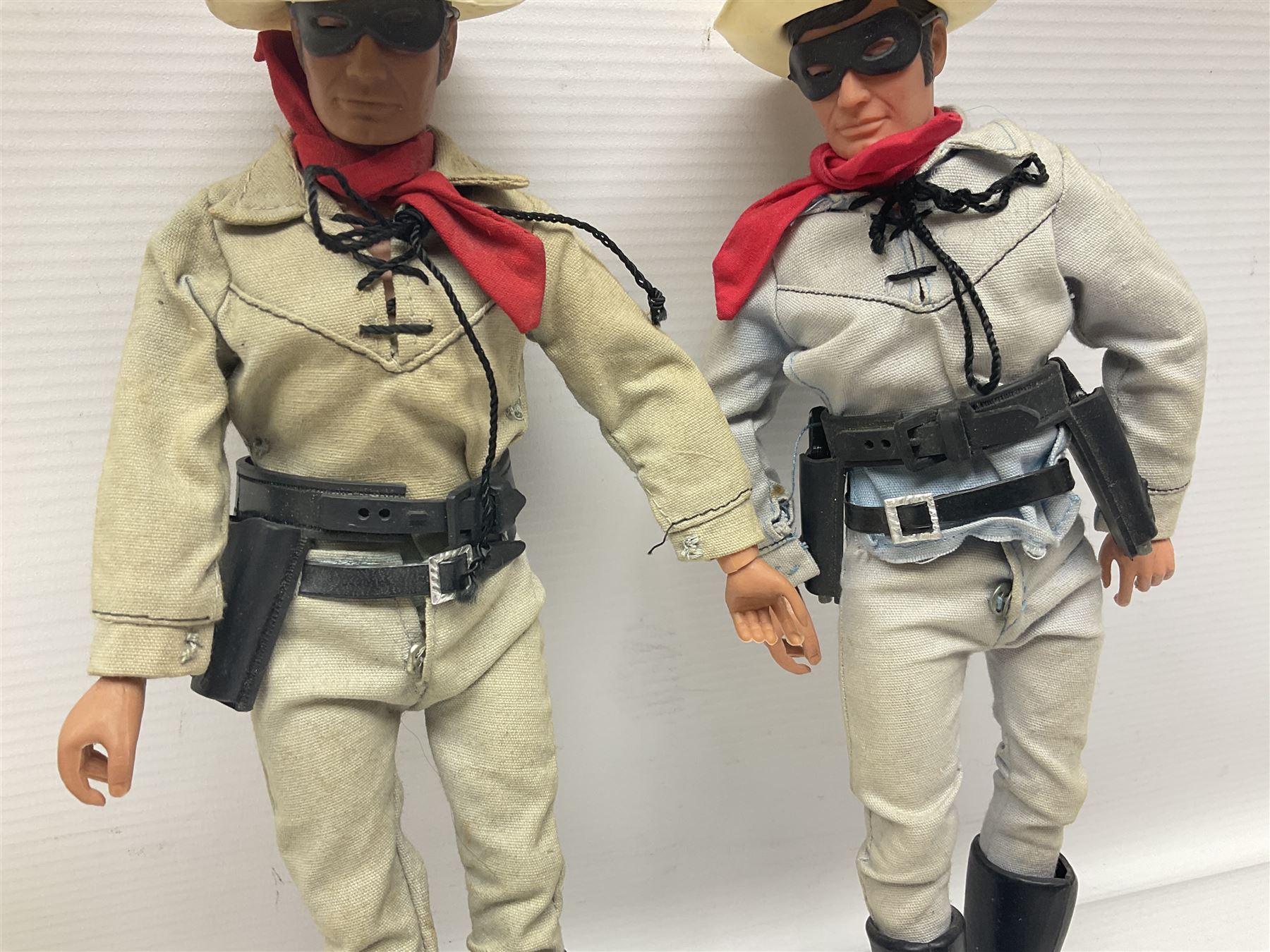 Two pairs of 1970s Lone Ranger and Tonto action figures, probably by Marx Toys; and Gabriel 'Silver' stallion horse; all unboxed (5)