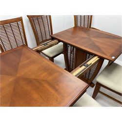 Cherry wood extending dining table, rattan woven supports raised on shaped feet (L208cm, W107cm, H75cm), along with six chairs (4+2), (W57cm)