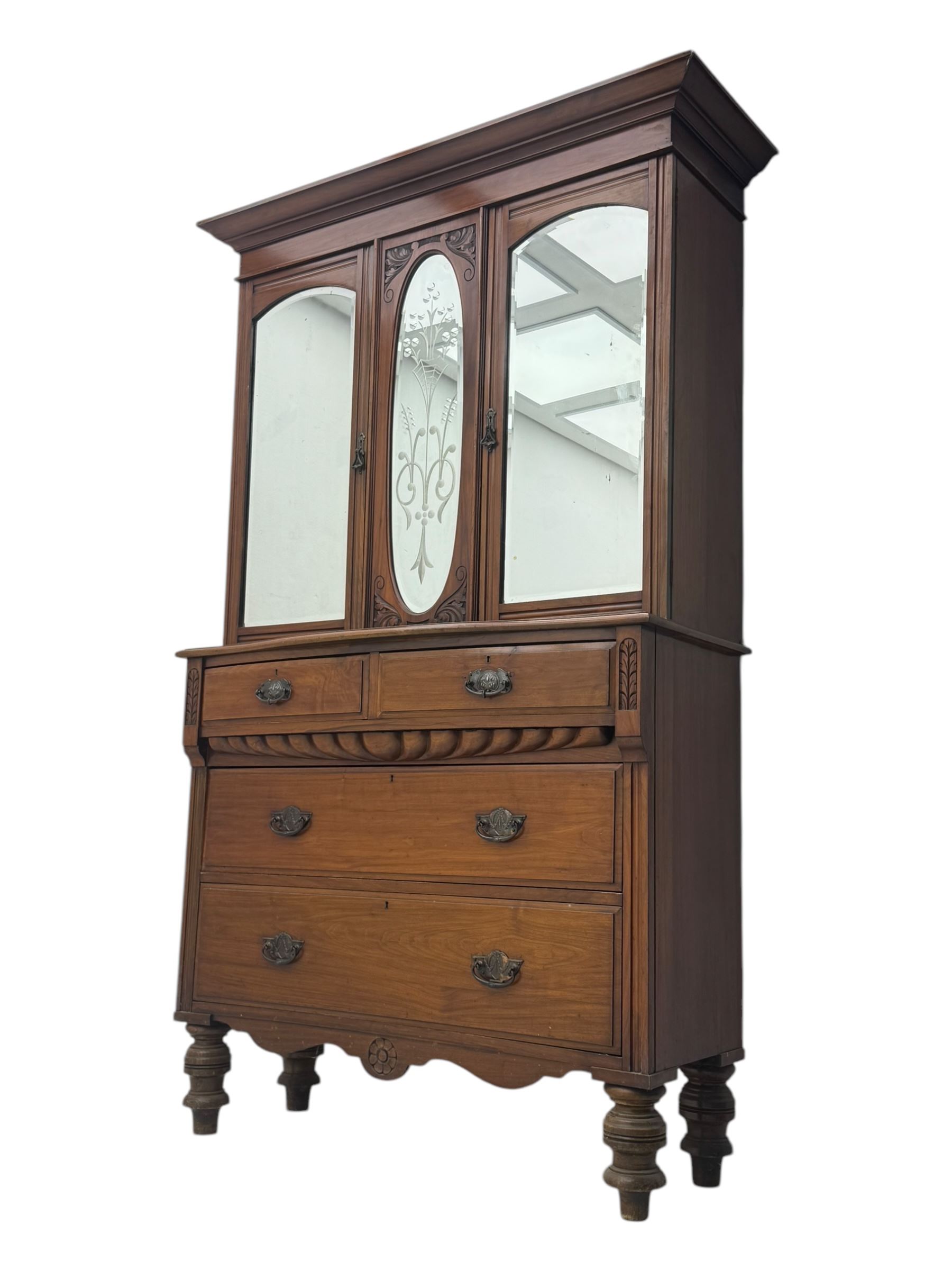 Victorian walnut dresser, projecting cornice over mirrored front, fitted with two short over two long drawers, on turned feet