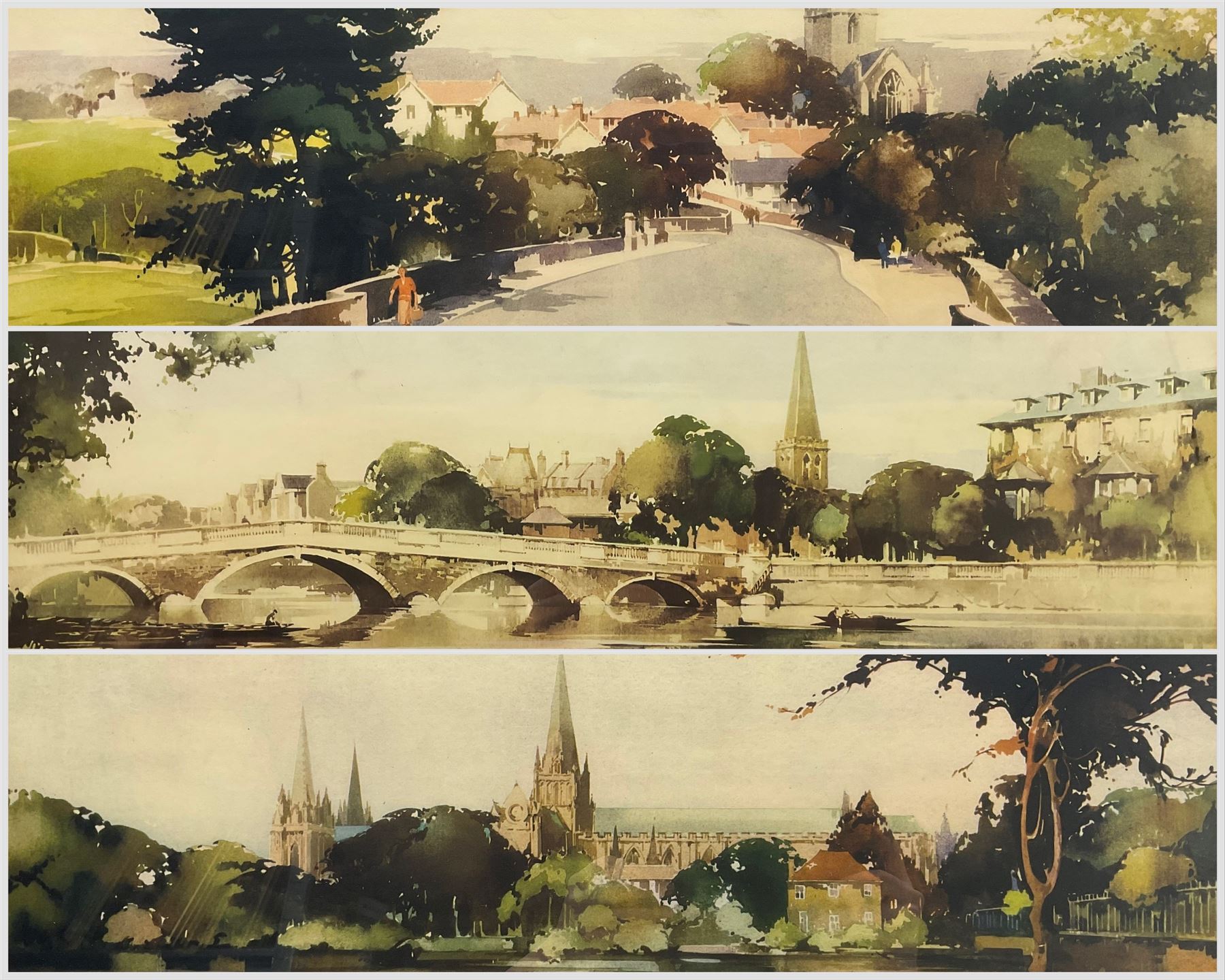 After Claude Buckle (British 1905-1973): 'Bedford', 'Litchfield Cathedral' and 'St Asaph'. set of three carriage prints 18cm x 58cm (3)