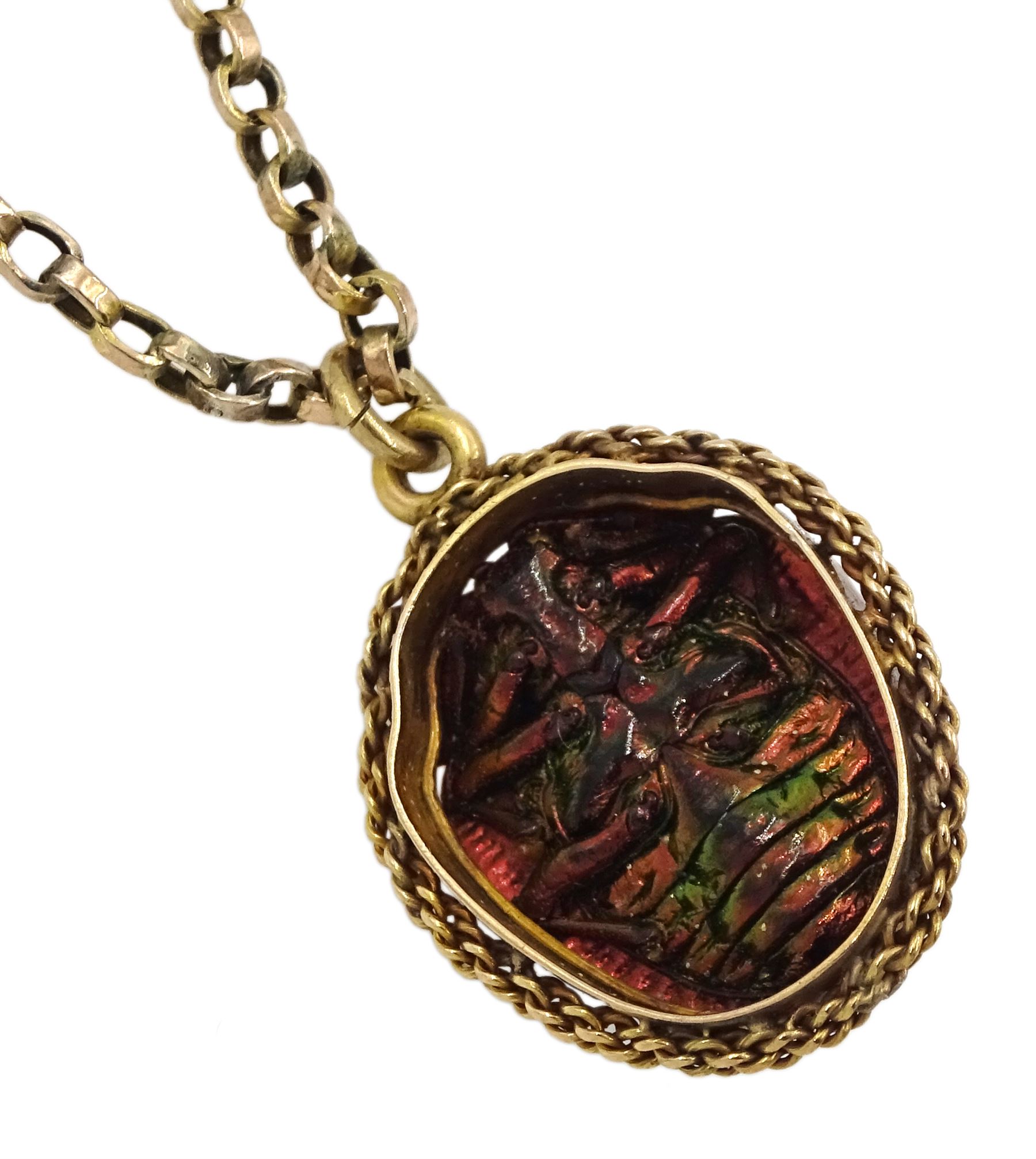Early 20th century 18ct gold scarab beetle pendant, on 9ct gold necklace