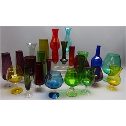  Group of coloured glass drinking glasses, vases, a bottle etc   