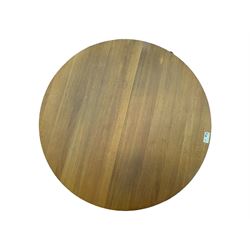 Contemporary light oak round extending dining table with four chairs, table has fold out leaf attached underneath on four out-swept legs, Oak chairs with straight top rail over twin slat back with pierced motifs, brown leather seat with brass studs, square legs joined by plain stretcher 