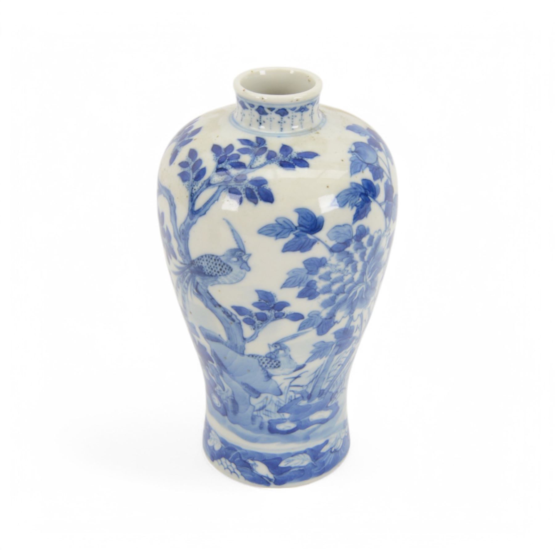  Chinese blue and white vase of  baluster form, decorated with birds amongst peony blossoms and foliage, H24cm 