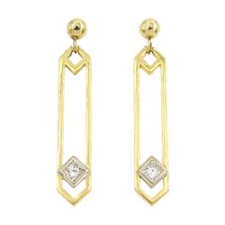 Pair of 18ct gold princess cut diamond pendant stud earrings, total diamond weight approx 0.25 carat